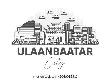 Ulaanbaatar, Mongolia architecture line skyline illustration with shadows. Linear vector cityscape with famous landmarks, city sights, design icons.