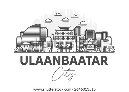 Ulaanbaatar, Mongolia architecture line skyline illustration with shadows. Linear vector cityscape with famous landmarks, city sights, design icons.