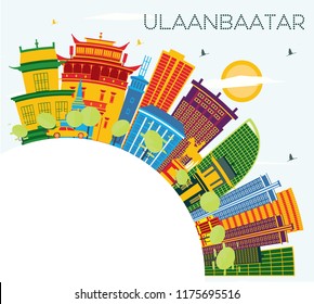 Ulaanbaatar Mongolia City Skyline with Color Buildings, Blue Sky and Copy Space. Vector Illustration. Travel and Tourism Concept with Historic Architecture. Ulaanbaatar Cityscape with Landmarks.