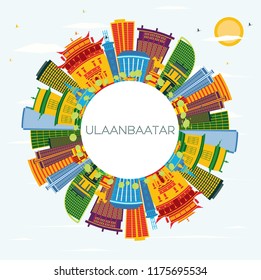 Ulaanbaatar Mongolia City Skyline with Color Buildings, Blue Sky and Copy Space. Vector Illustration. Business and Tourism Concept with Historic Architecture. Ulaanbaatar Cityscape with Landmarks.