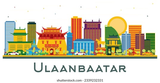 Ulaanbaatar Mongolia city Skyline with Color Buildings isolated on white. Vector Illustration. Business Travel and Tourism Concept with Historic Architecture. Ulaanbaatar cityscape with landmarks.