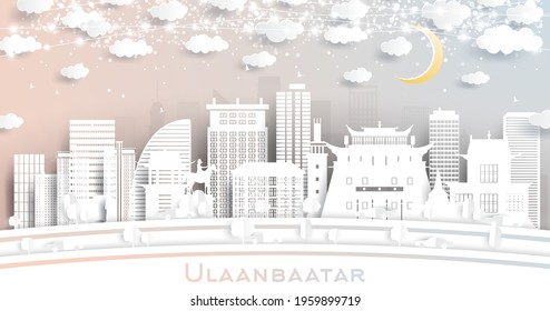 Ulaanbaatar Mongolia City Skyline in Paper Cut Style with Snowflakes, Moon and Neon Garland. Vector Illustration. New Year Concept. Ulaanbaatar Cityscape with Landmarks.