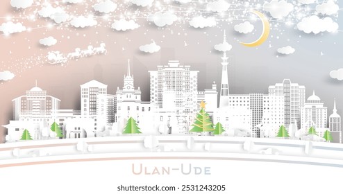 Ulan-Ude Russia. Winter city skyline in paper cut style with snowflakes, moon and neon garland. Christmas and new year concept. Santa Claus on sleigh. Ulan-Ude cityscape with landmarks.