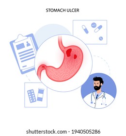 Ulcer, pain and inflammation in the stomach. Medical appointment with a doctor. Disease in the digestive system. Internal organs exam concept. Medical poster. Abdominal trauma vector illustration