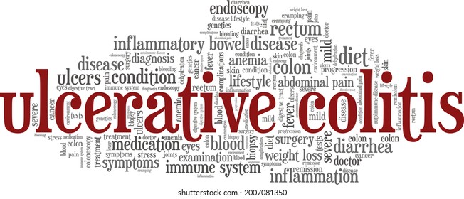 Nube de palabras de ilustración vectorial de Colitis ulcerativa aislada en un fondo blanco.