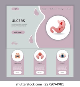 Plantilla del sitio web de la página de aterrizaje plana de Ulcers. Varicela, uremia, uveítis. Banner web con encabezado, contenido y pie de página. Ilustración vectorial.