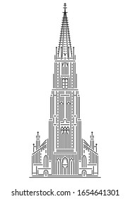 Ulm Minster - famous landmark of Ulm, Germany. Monument of German Gothic architecture. Linear style outline vector illustration on white background