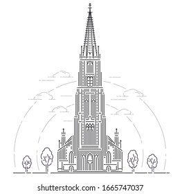 Ulm Minster - famous landmark of Ulm, Germany. Monument of German Gothic architecture. Linear style outline vector illustration on white background