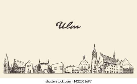Ulm skyline, Baden-Württemberg, Germany, hand drawn vector illustration, sketch