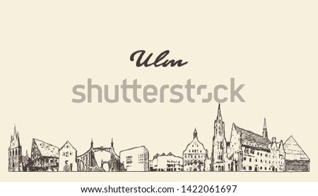 Ulm skyline, Baden-Württemberg, Germany, hand drawn vector illustration, sketch