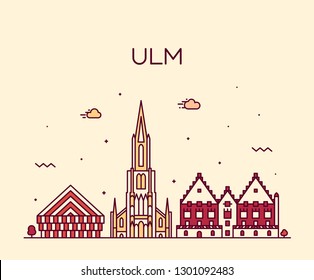 Ulm skyline, Baden-Württemberg, Germany. Trendy vector illustration, linear style