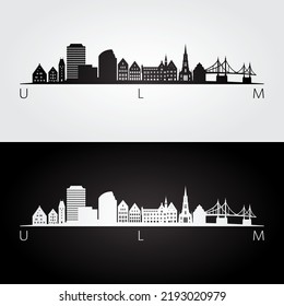 Ulmer Skyline und Wahrzeichen Silhouette, schwarz-weißes Design, Vektorgrafik.