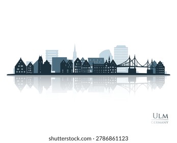 Ulm skyline silhouette with reflection. Landscape Freiburg, Germany. Vector illustration.