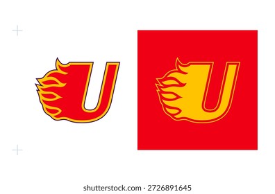 Logo U con llamas que simboliza la competencia apasionada. Aislado sobre fondo blanco.