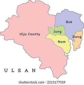 Ulsan city administrative map with districts. Clored. Vectored. Yellow, green, blue, pink, orange