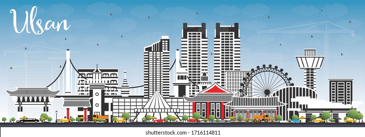 Ulsan South Korea City Skyline with Color Buildings and Blue Sky. Vector Illustration. Business Travel and Tourism Concept with Historic and Modern Architecture. Ulsan Cityscape with Landmarks.