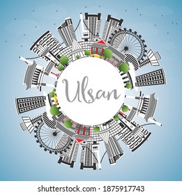 Ulsan South Korea City Skyline with Color Buildings, Blue Sky and Copy Space. Vector Illustration. Travel and Tourism Concept with Historic and Modern Architecture. Ulsan Cityscape with Landmarks.