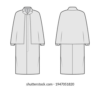 Ulster coat technical fashion illustration with cape, long sleeves, clover lapel collar, oversized body, knee length. Flat jacket template front, back, grey color style. Women, men, unisex CAD mockup