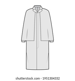 Ulster coat technical fashion illustration with cape, long sleeves, clover lapel collar, oversized body, knee length. Flat jacket template front, grey color style. Women, men, unisex top CAD mockup