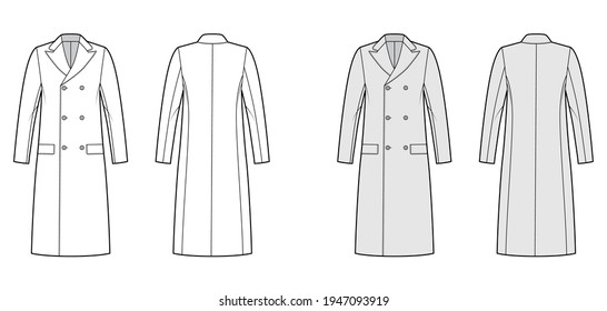 Ulsterette coat technical fashion illustration with double breasted, knee length, round collar peak, flap pockets. Flat jacket template front, back, white, grey color. Women, men unisex top CAD mockup