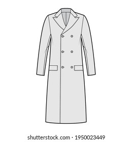 Ulsterette coat technical fashion illustration with double breasted, knee length, round collar peak, flap pockets. Flat jacket template front, grey color style. Women, men, unisex top CAD mockup