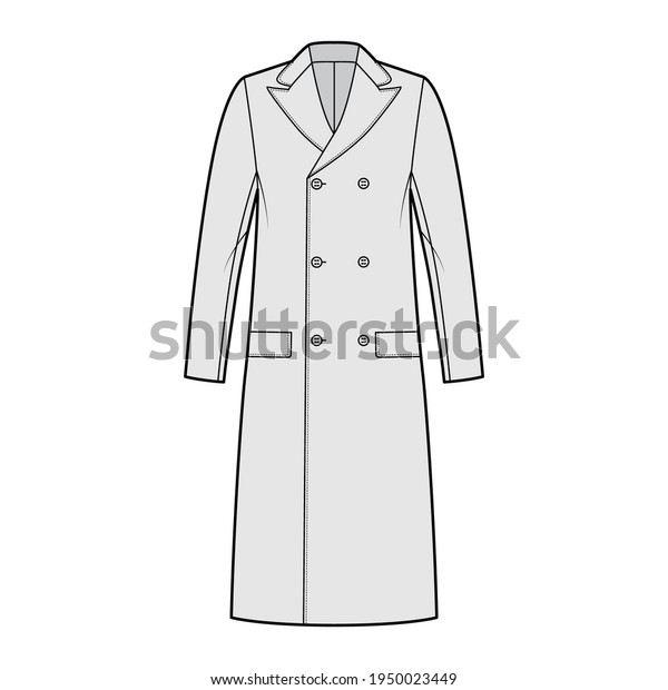 Ulsterette coat technical fashion illustration\
with double breasted, knee length, round collar peak, flap pockets.\
Flat jacket template front, grey color style. Women, men, unisex\
top CAD mockup