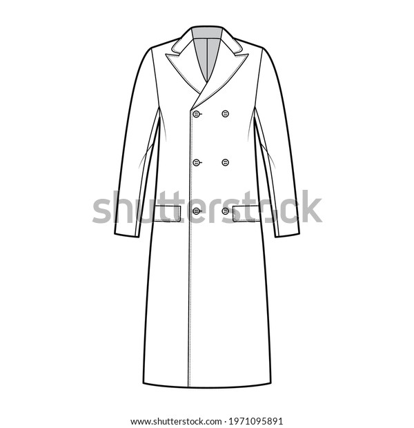 Ulsterette coat technical fashion illustration\
with double breasted, knee length, round collar peak, flap pockets.\
Flat jacket template front, white color style. Women, men, unisex\
top CAD mockup