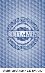 Ultimata blue badge with geometric pattern background.