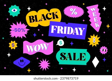 Ultimate Black Friday Elements Set. Cool Minimalistic Black Friday Typographic Illustration. Super Sale Modern Trendy Promo Banner Vector Design.