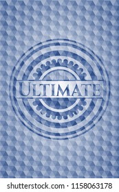 Ultimate blue emblem or badge with abstract geometric pattern background.