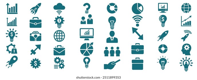 Pacote de Ícones de Negócios para Infográficos e Apresentações - Finanças, Liderança, Trabalho em Equipe, Organogramas e Símbolos de Estratégia para Gerenciamento e Sucesso