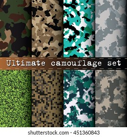 Ultimate camouflage set of 8 seamless tileable various camo patterns vector