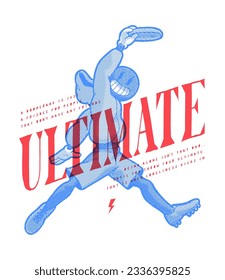 Ultimate character catching disc in a jump. vintage typography t-shirt print vector illustration.