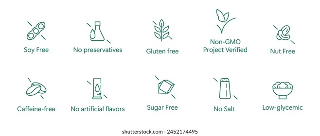 Ultimate Clean Eating Icon: Soy-Free, Preservative-Free, Gluten-Free, GMO-Free, Nut-Free, Caffeine-Free, Flavor-Free, Sugar-Free, Salt-Free, Low-Glycemic Vector Design