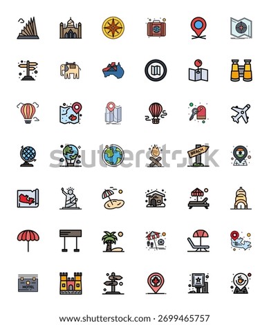 Ultimate collection of 42 vector icons representing Tourism in Line Filled aesthetic, optimized with High Resolution Detail Enhanced resolution for maximum impact.