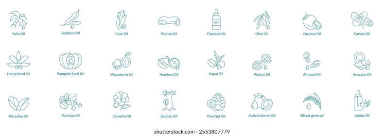 Ultimate Cooking and Health Oils Vector Icon Set Palm, Soybean, Corn, Peanut, Flaxseed, Olive, Coconut, Canola, Hemp, Pumpkin, Macadamia, Almond, Avocado, Pistachio, Moringa, Camellia, Baobab, Pine Nu