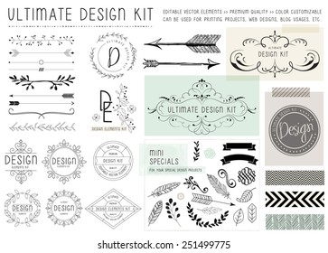 ULTIMATE DESIGN ELEMENTS KIT. For your graphic projects, print and internet. Frames, dividers, decorative elements such as logo.