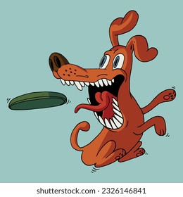 Ultimativer Hund. Funny Cartoon Hund Springen und fangen ultimative Disk Vektorgrafik.