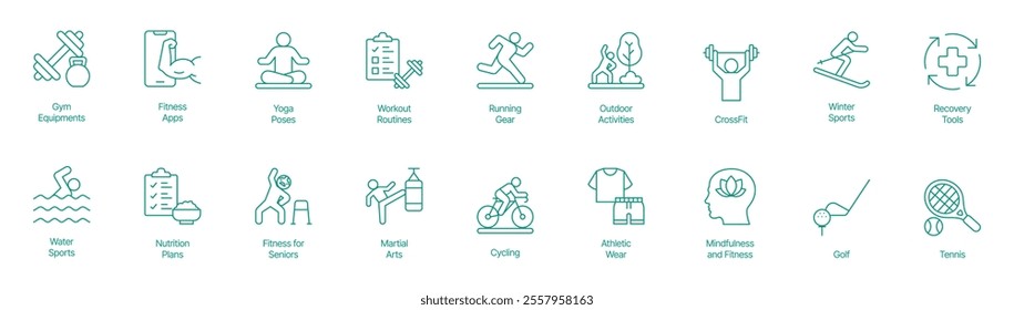 Ultimate Fitness and Activity Icon Set - Vector Illustrations for Gym Equipment, Fitness Apps, Yoga Poses, Workout Routines, Running Gear, Outdoor Activities, CrossFit, Winter Sports, Recovery Tools 