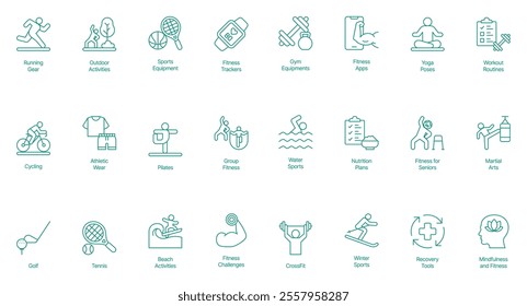 Ultimate Fitness and Recreation Icon Set - Vector Illustrations for Running Gear, Outdoor Activities, Sports Equipment, Fitness Trackers, Gym Equipment, Fitness Apps, Yoga Poses, Workout Routines 