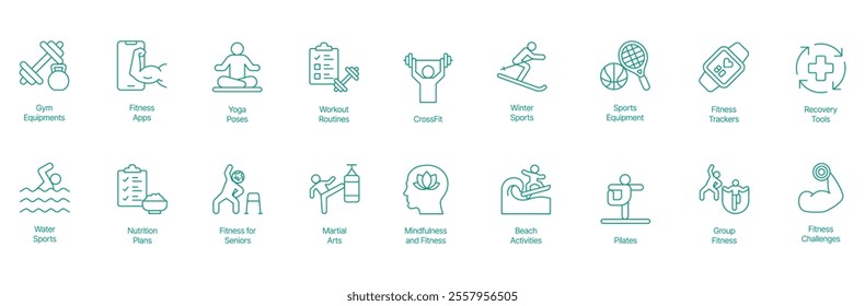 Ultimate Fitness and Wellness Icon Set - Vector Illustrations for Gym Equipment, Fitness Apps, Yoga Poses, Workout Routines, CrossFit, Winter Sports, Sports Equipment, Fitness Trackers, Recovery Tools