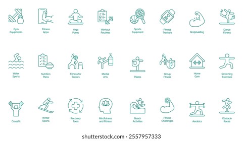 Ultimate Fitness and Wellness Icon Set - Vector Illustrations for Gym Equipment, Fitness Apps, Yoga Poses, Workout Routines, Sports Equipment, Fitness Trackers, Bodybuilding, Dance Fitness 