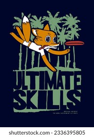 Ultimate fox. Cool fox character jumping and catching a disc near the palm-trees. Vintage typography silkscreen t-shirt print vector illustration.