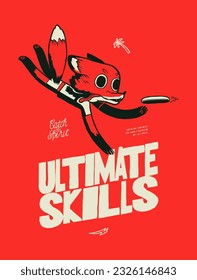 Ultimate fox. Cute fox character catching disc in a jump. Ultimate vintage typography silkscreen t-shirt print vector illustration.