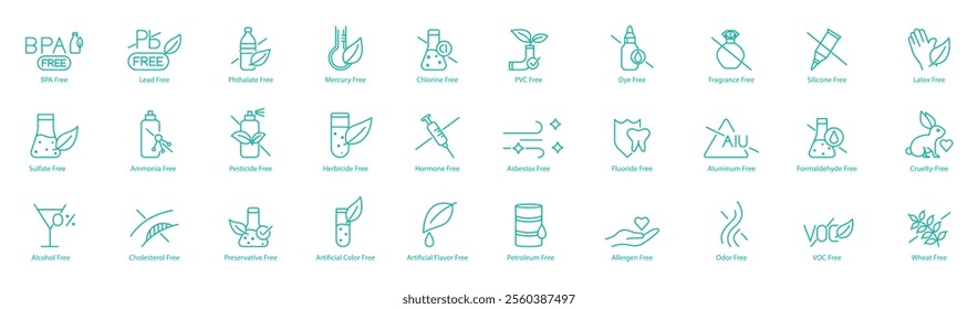 Ultimate Free-From Icon Set – BPA, Lead, Ethylate, Mercury, Chlorine, PVC, Dye, Fragrance, Silicon, Latex, Sulfate, Ammonia, Pesticide, Herbicide, Hormone, Asbestos, Fluoride, Aluminum, Formaldehyde 