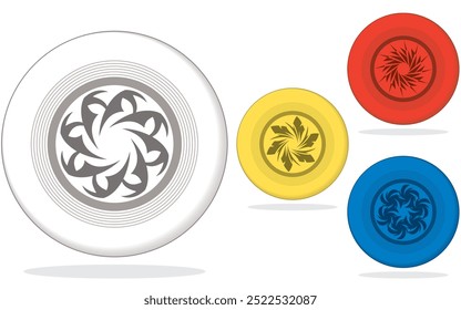 ultimate frisbee, set of four discs in different colours isolated on a white background