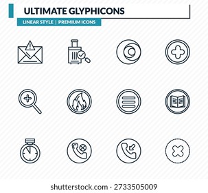 conjunto de ícones de glifos finais - mensagem de erro, mala com verificação, tamanhos de círculo, leitura, coleção de vetores de contorno de ponto cruzado.