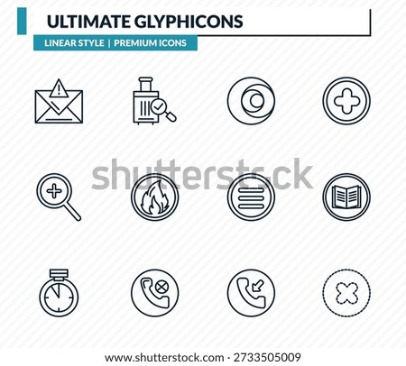 ultimate glyphicons icons set - error message, suitcase with check, circle sizes, reading, dot crossed outline vector collection.