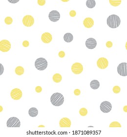 Ultimate gray and illuminating yellow polka dots seamless vector pattern on white background. Simple surface print design for fabrics, stationery, scrapbook paper, gift wrap, textiles, and packaging.