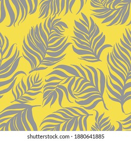 Ultimate Gray vector pattern with palm dypsis leaves on Illuminating background. Seamless summer palm dypsis tropical design. Vector dypsis lutescens seamless pattern. Great for label, print